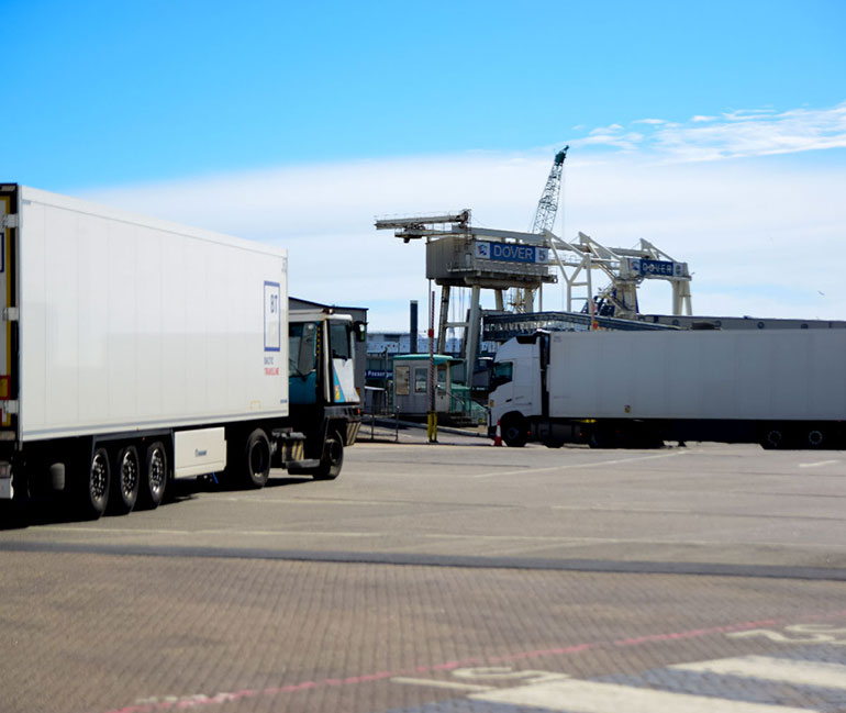 Freight truck driving onto a ferry in Dover