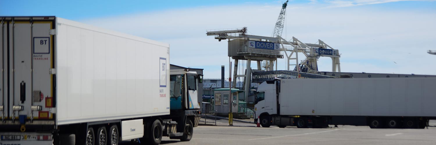 Freight truck driving onto a ferry in Dover